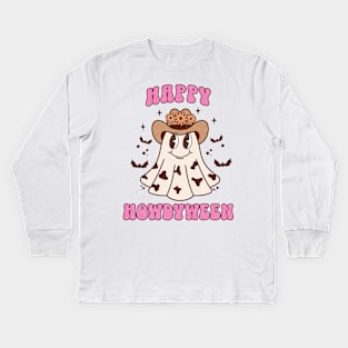 Western Halloween Ghost Happy Howdyween Pink Retro Cow Kids Long Sleeve T-Shirt